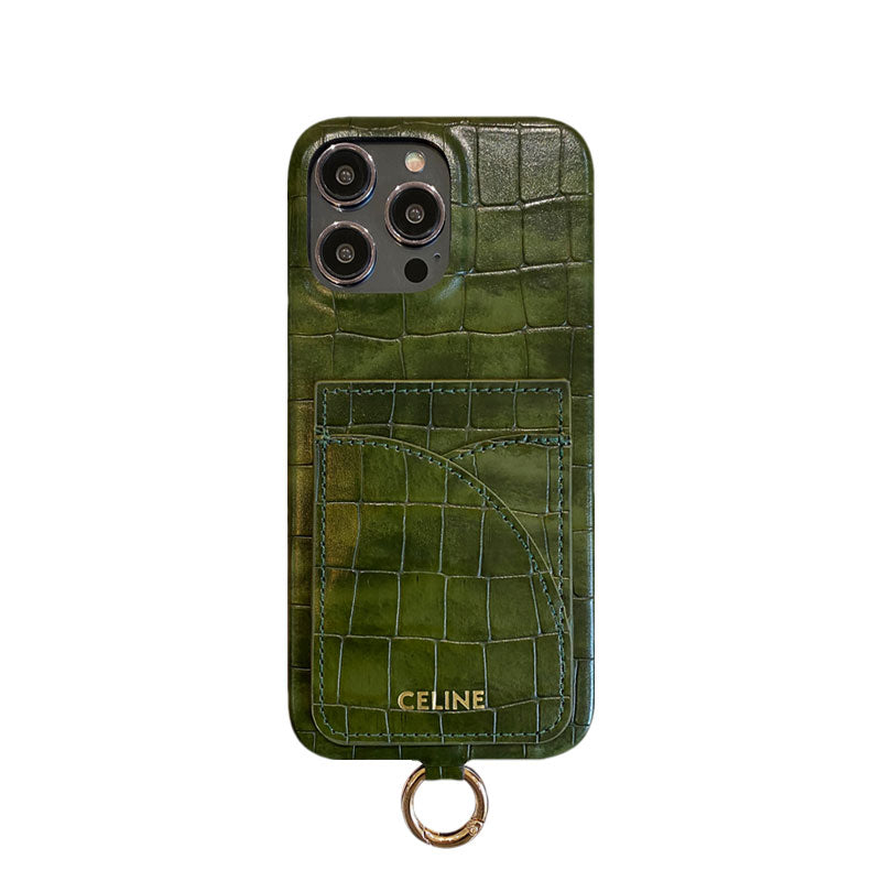 Puzdro na iPhone Alligator Print Celine s držiakom karty a remienkom hnedé -EYP241415