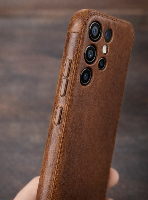Handgemaakte, plantaardig gelooide lederen Samsung-hoesje – Vintage Patina-editie