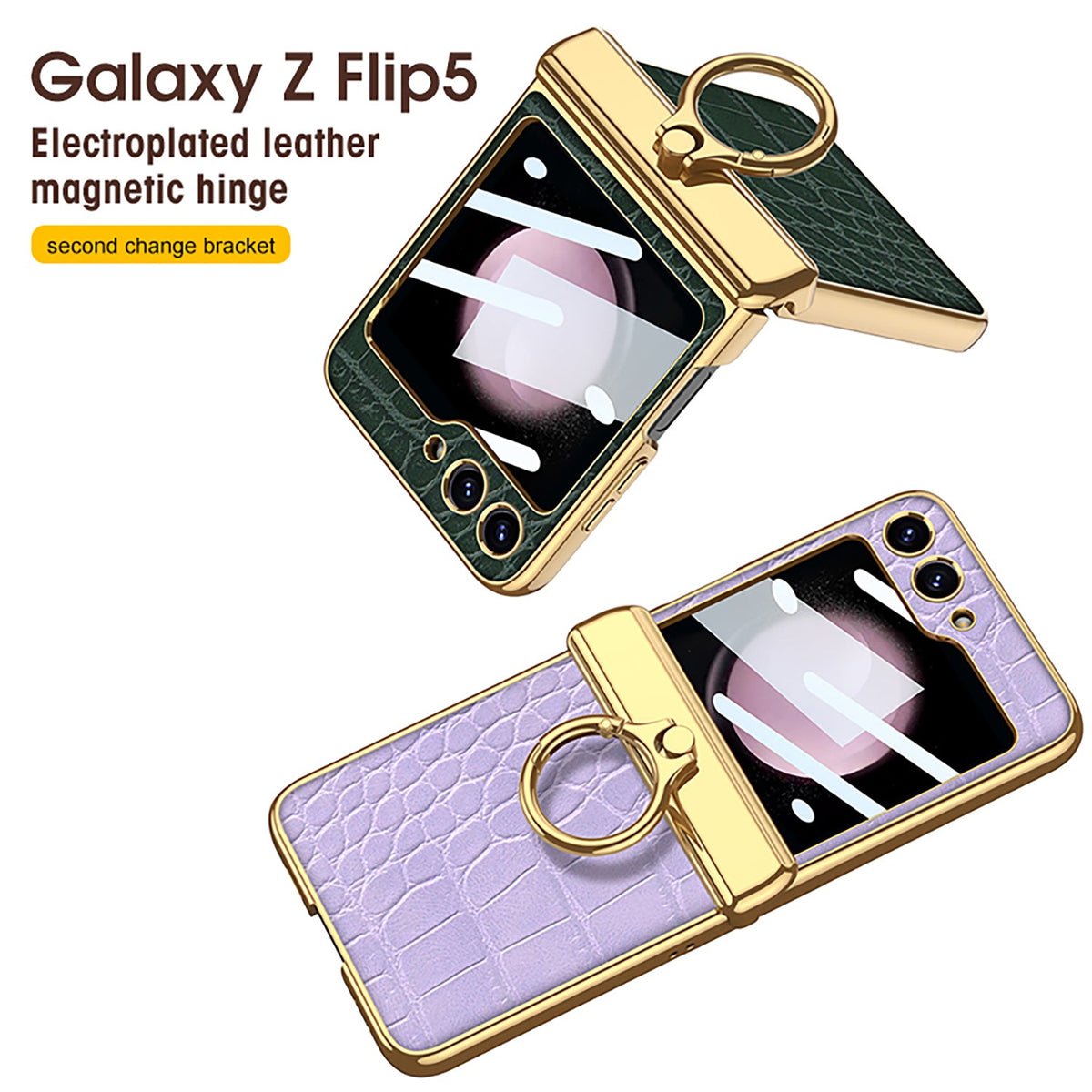 Funda con soporte de anillo de bisagra magnética de cuero galvanizado para Galaxy Z Flip 7/6/5/4 con película de protección frontal