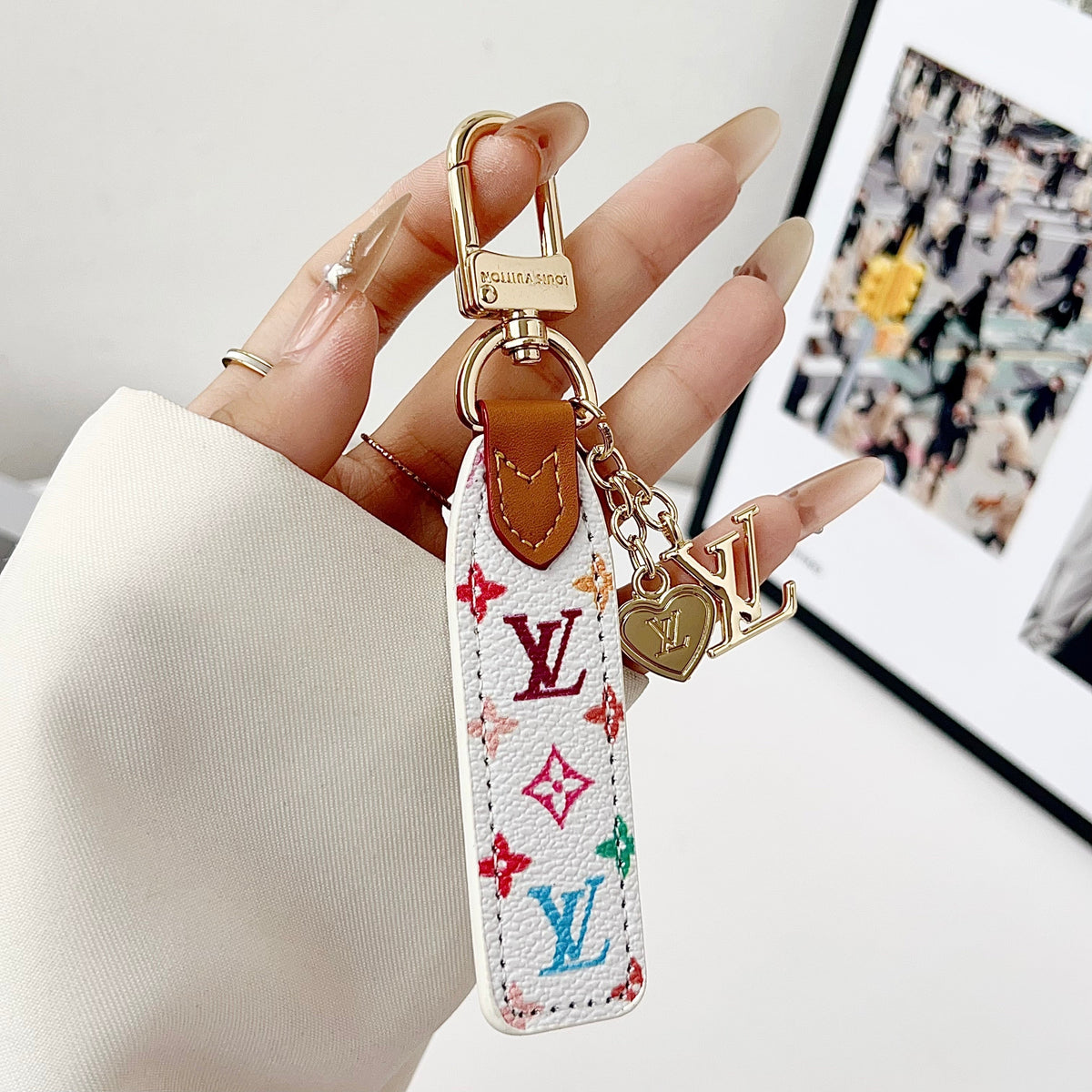 Luxury Leather Keychain Charm with Gold Accents