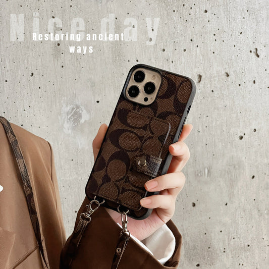 Klassische iPhone-Hülle mit Geldbörse und Riemen, Braun – SZK240402