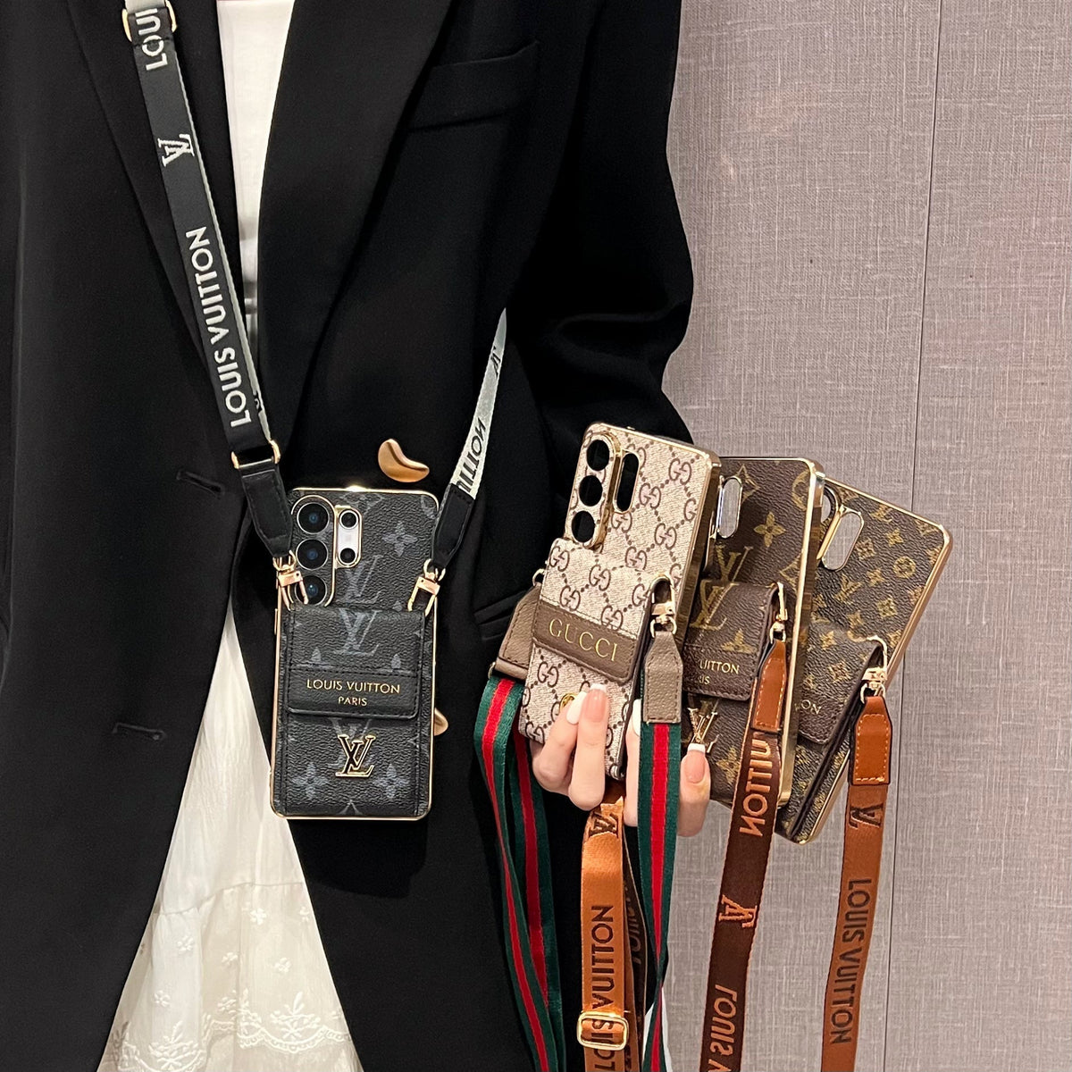 Luxuriöse Samsung-Handyhülle aus fortschrittlichem Leder mit Brieftasche und Riemen.