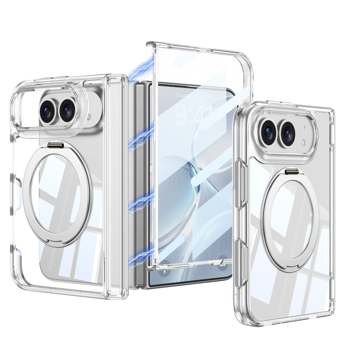 iPhone Ultra - Protección de bisagra magnética, cubierta transparente, película de vidrio templado incorporada y soporte de anillo magnético giratorio de 360°