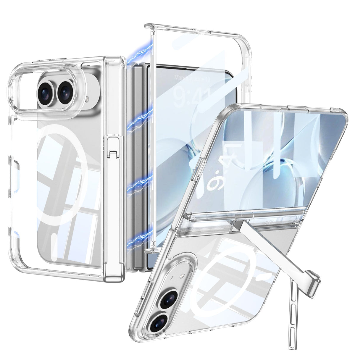 iPhone Ultra - Cubierta transparente con protección de bisagra magnética Película de vidrio templado incorporada, soporte triple y anillo magnético