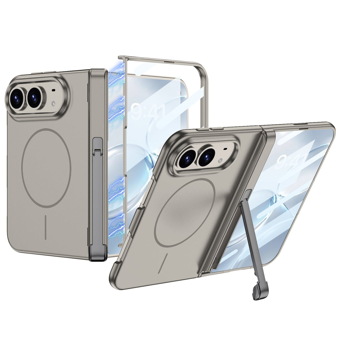 iPhone Ultra - Cubierta moderna con protección de bisagra magnética Película de vidrio templado incorporada, soporte triple y anillo magnético