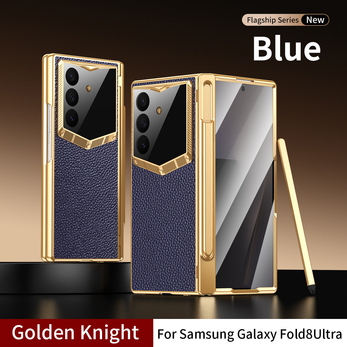 Bőr tok Galaxy Z Fold8/7/6 Ultra készülékhez – Arany bevonatú keret, beépített edzett üvegfólia és tolltartó