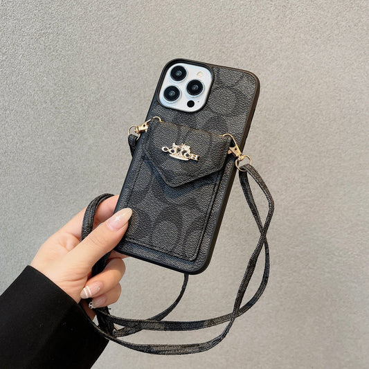 Klassische iPhone-Hülle mit Kartenhalter und Riemen Hellschwarz -SJ240513