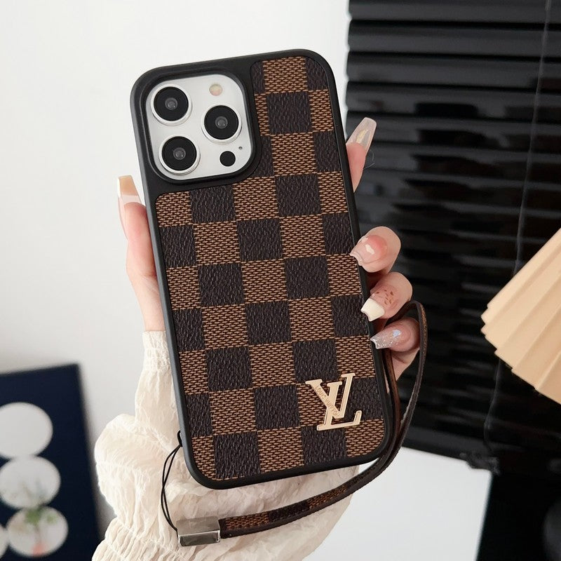 Cadena de mano marrón clásica de lujo Funda y vinilo para iPhone