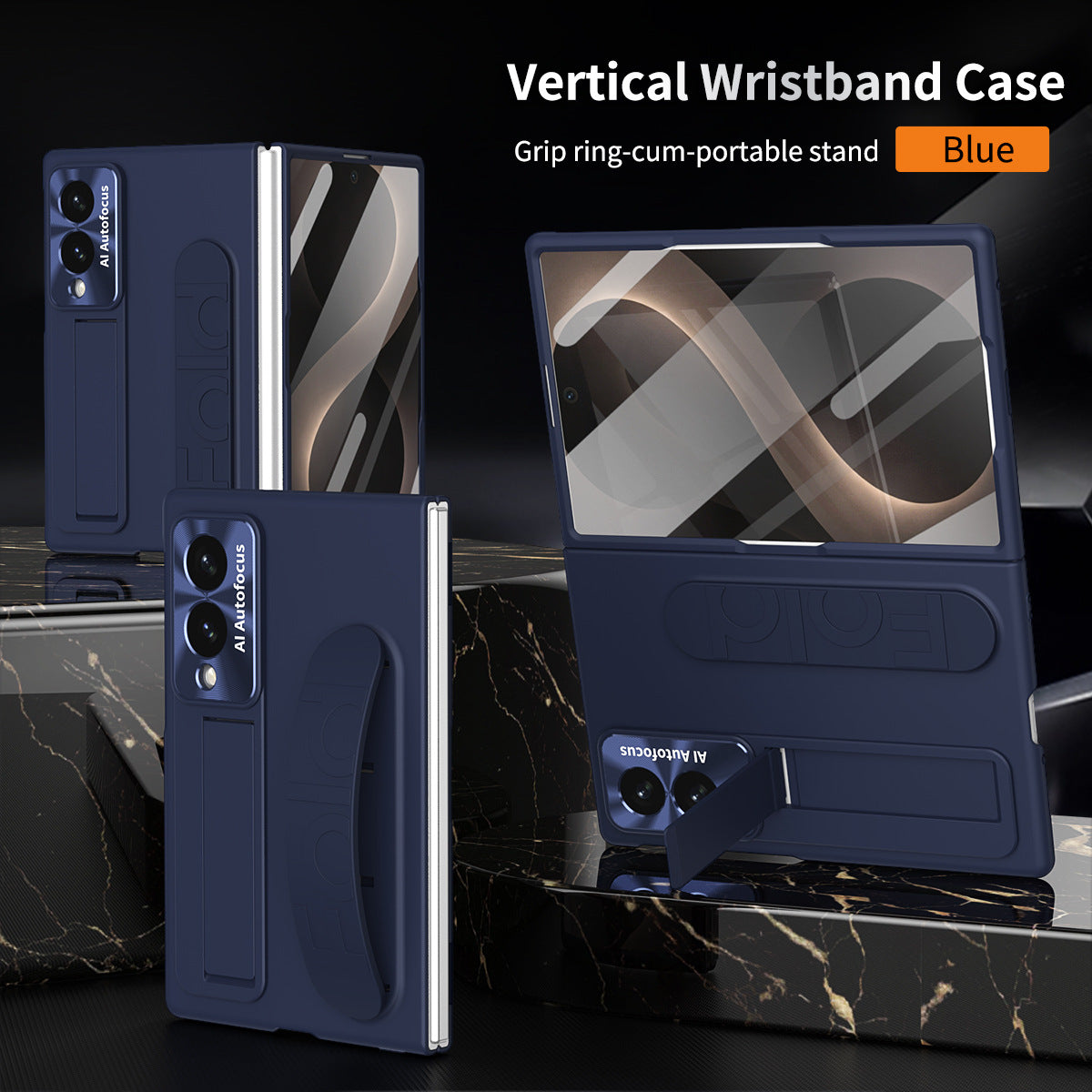 Funda para teléfono Armor con vidrio templado incorporado, soporte oculto y correa para la muñeca para Galaxy Z Fold 8/7/6/5/4