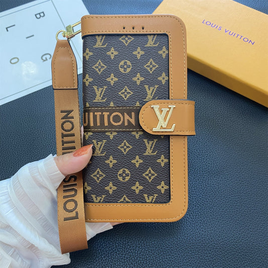 Prémium minőségű valódi bőr monogram vászon pénztárca kártyatartó tok Samsung Galaxy