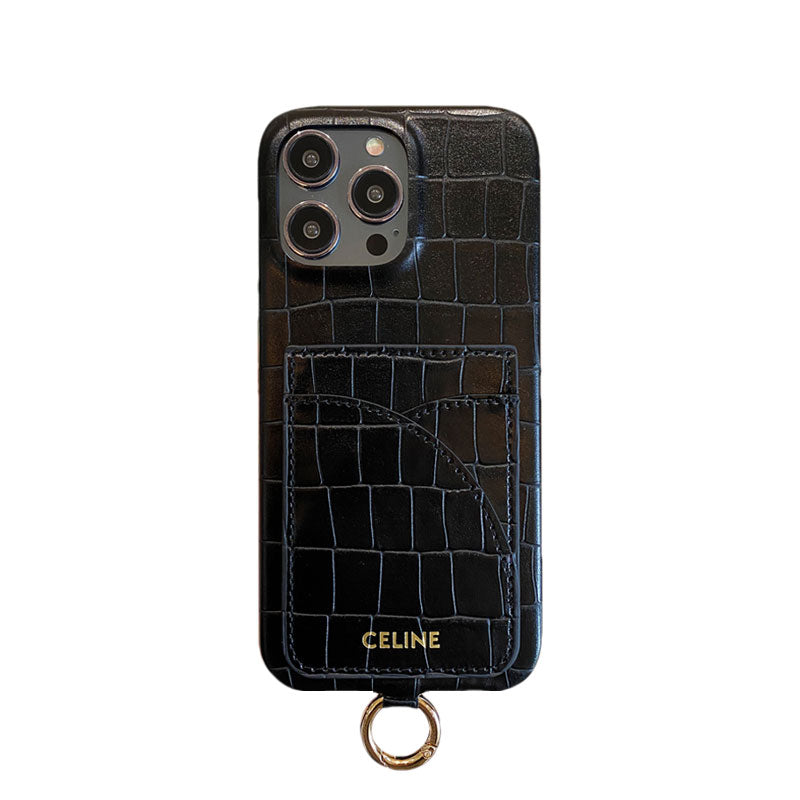 Puzdro na iPhone Alligator Print Celine s držiakom karty a remienkom hnedé -EYP241415