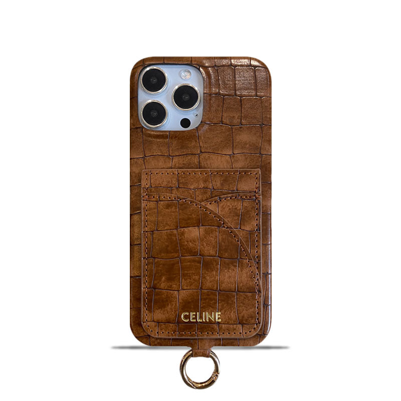 Puzdro na iPhone Alligator Print Celine s držiakom karty a remienkom hnedé -EYP241415