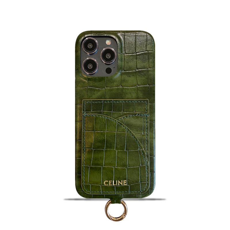 Celine iPhone-hoesje met alligatorprint, kaarthouder en riem, groen -EYP241415