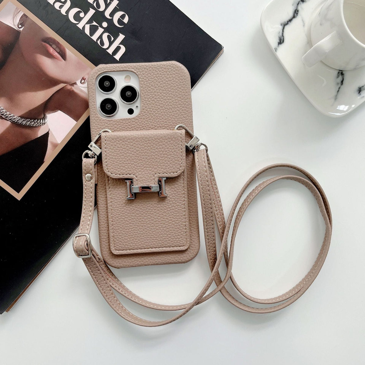 H-kaarthouder iPhone-hoesje met leren ketting