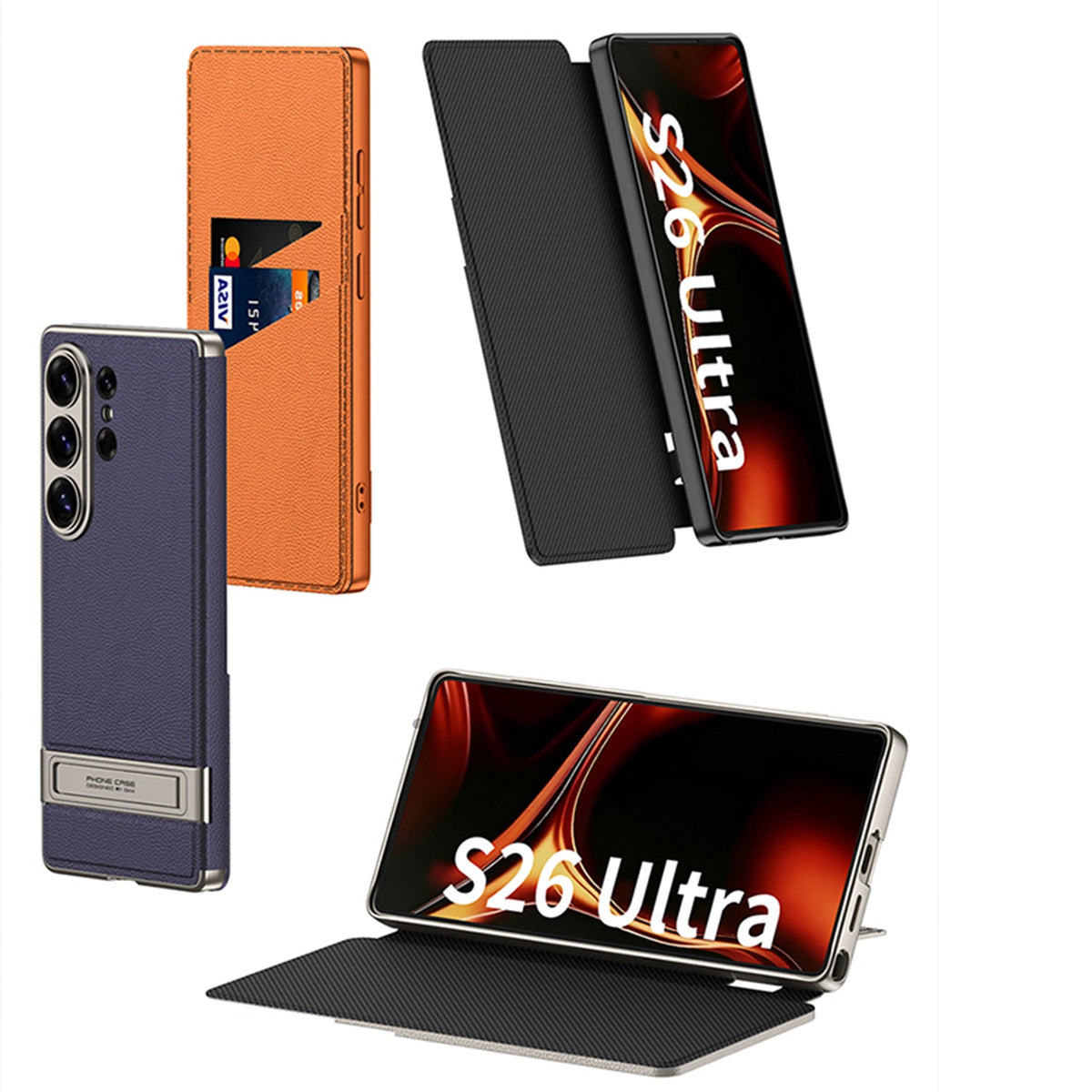 Leather Electroplated Protective Cover With Invisible Holder For Galaxy S24 S23 Ultra