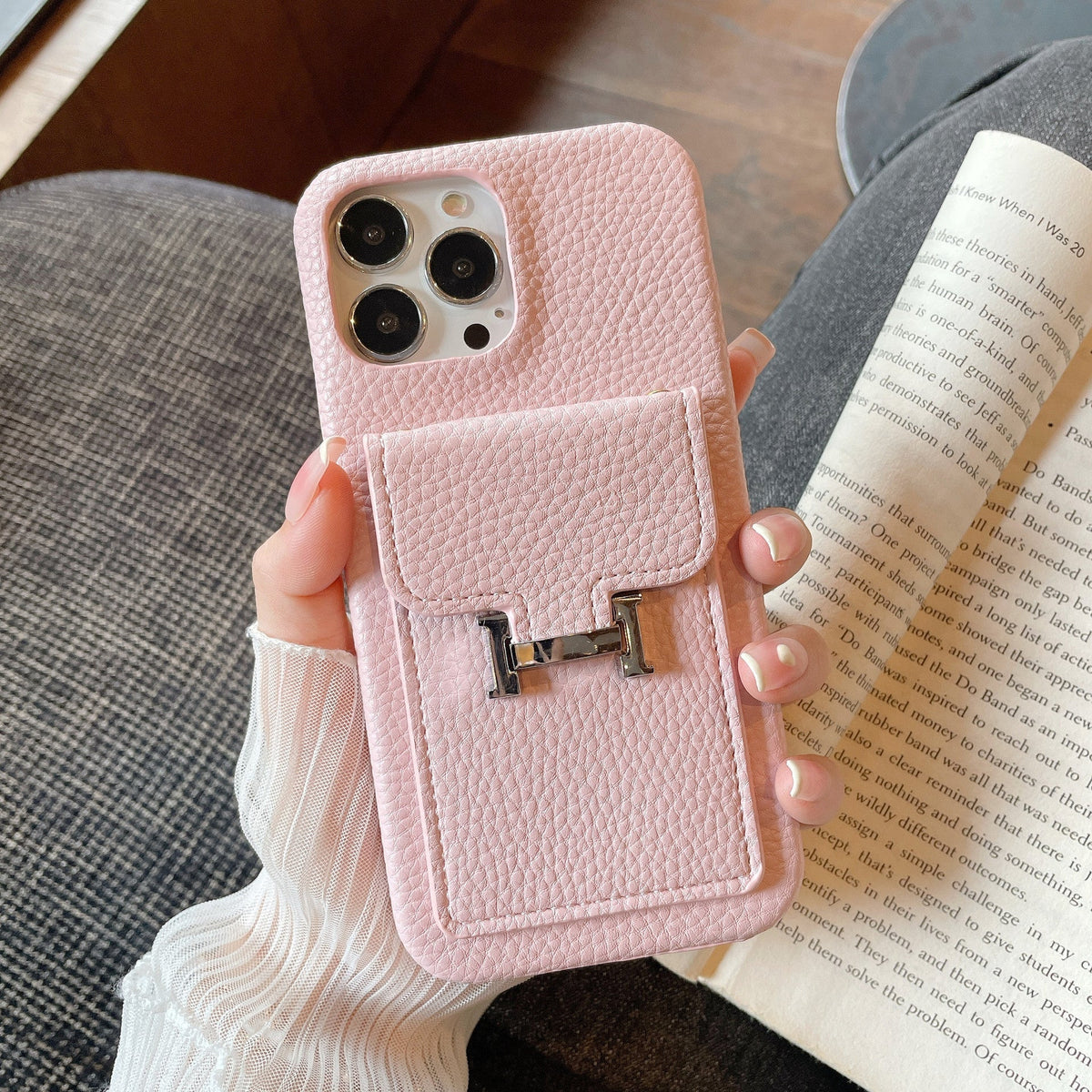Funda de cuero para iPhone con tarjetero H