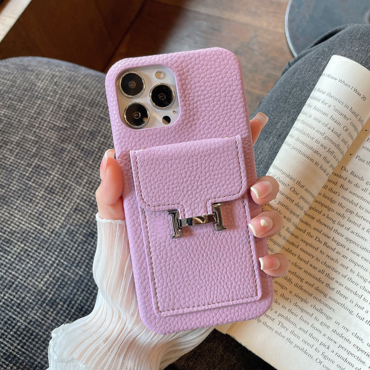 Funda de cuero para iPhone con tarjetero H