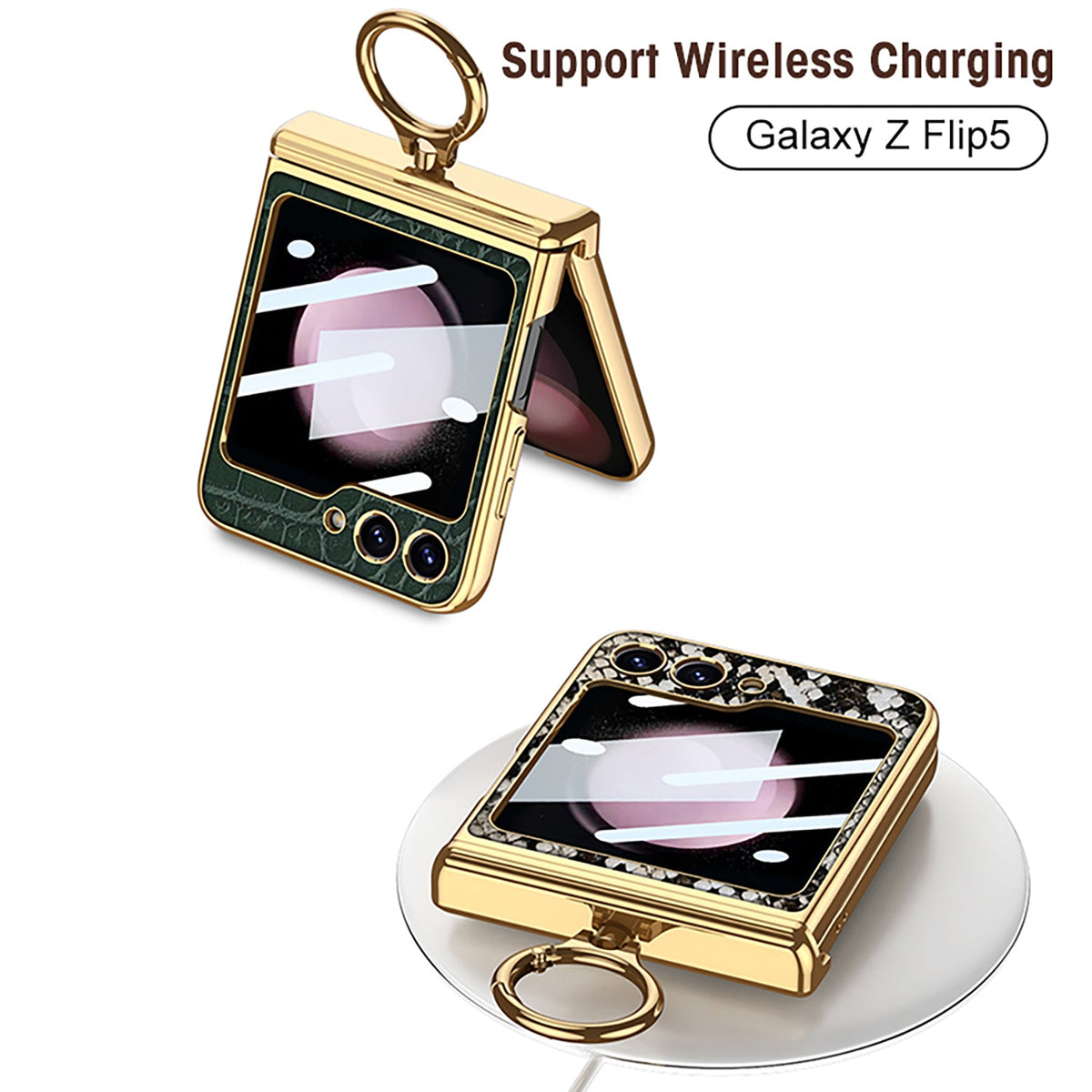 Funda con soporte de anillo de bisagra magnética de cuero galvanizado para Galaxy Z Flip 7/6/5/4 con película de protección frontal