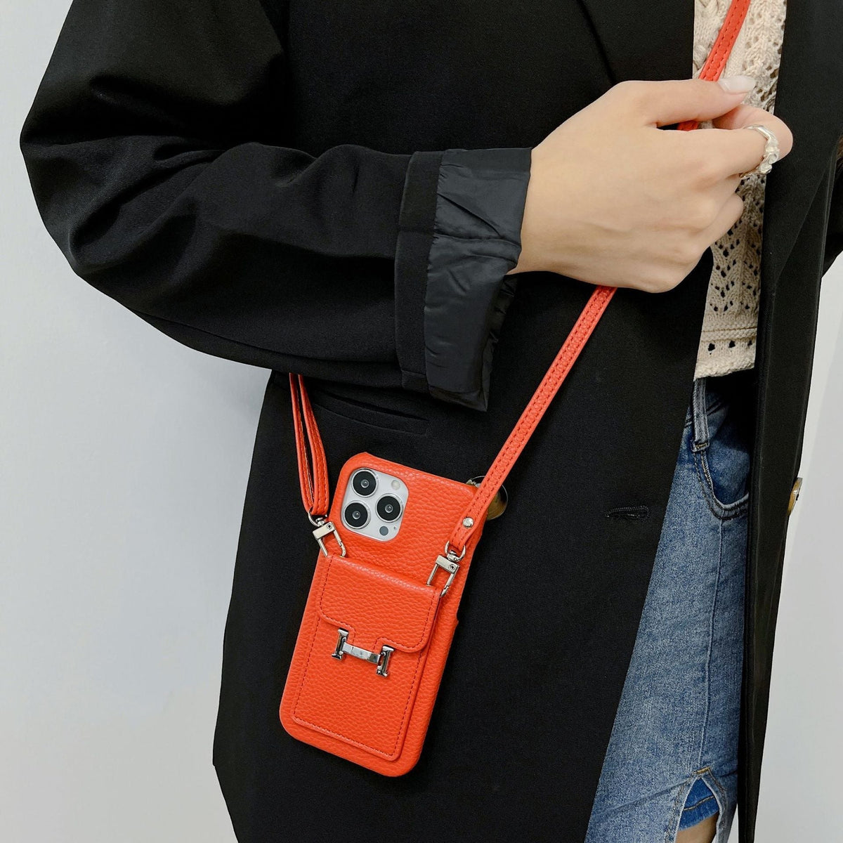 H-kaarthouder iPhone-hoesje met leren ketting