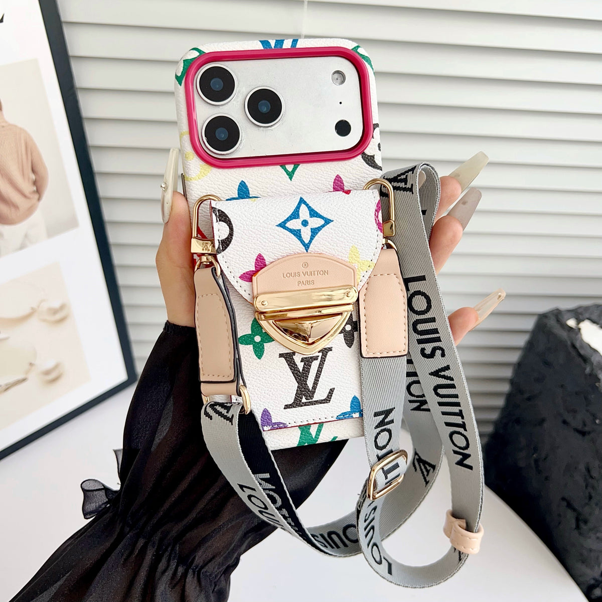 Funda cruzada de lujo para iPhone con bolsillo para tarjetas y correa desmontable
