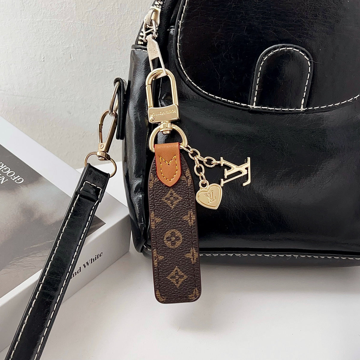 Luxury Leather Keychain Charm with Gold Accents