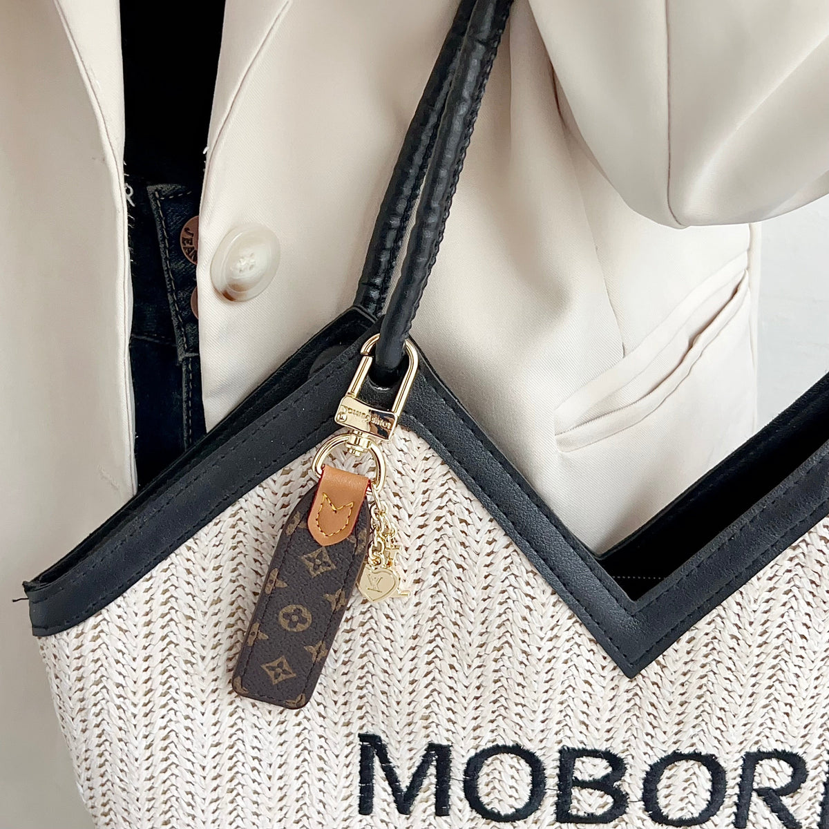 Luxury Leather Keychain Charm with Gold Accents