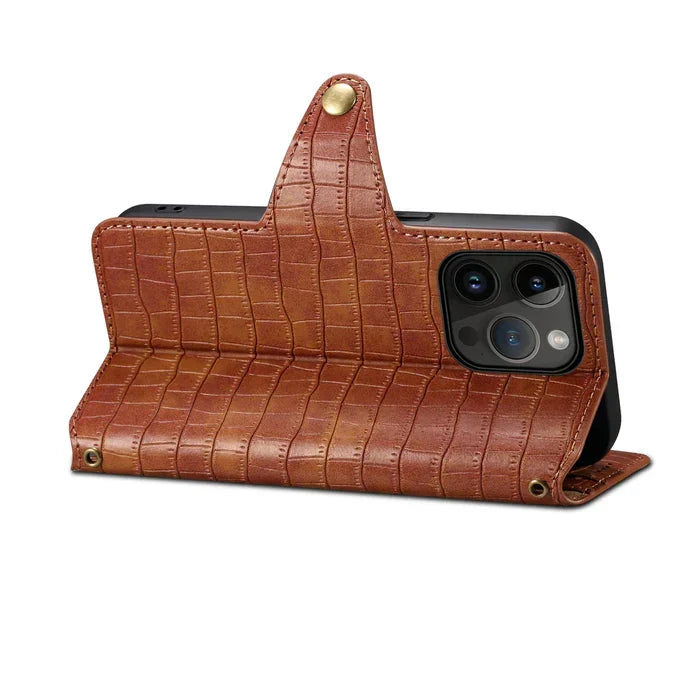 IPhone-hoesje met alligatorprint, portemonnee en riem