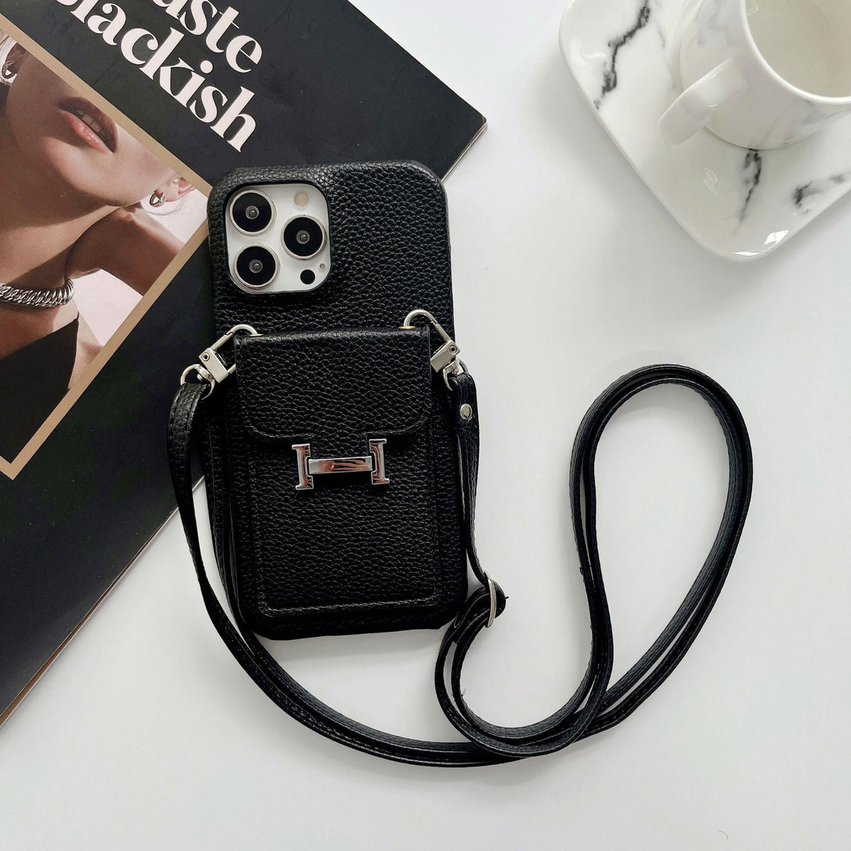 H-kaarthouder iPhone-hoesje met leren ketting