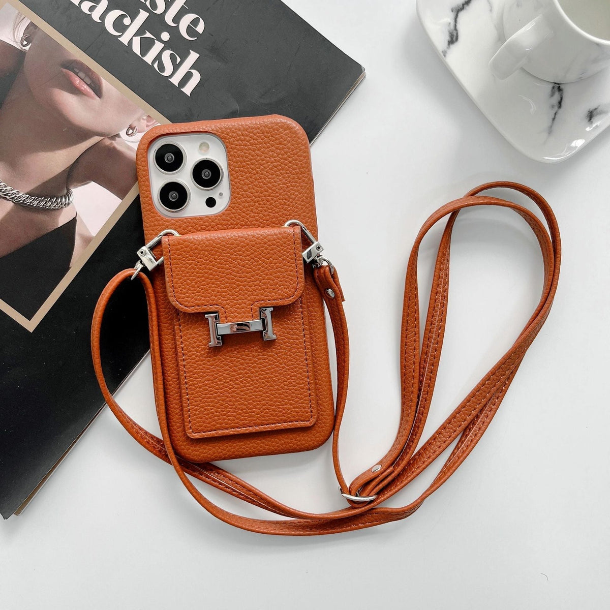 H-kaarthouder iPhone-hoesje met leren ketting