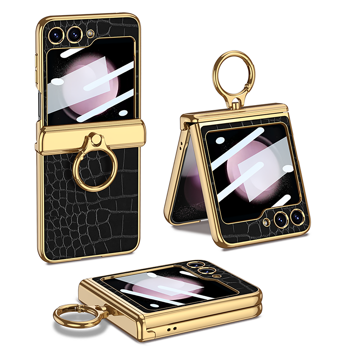 Funda con soporte de anillo de bisagra magnética de cuero galvanizado para Galaxy Z Flip 7/6/5/4 con película de protección frontal