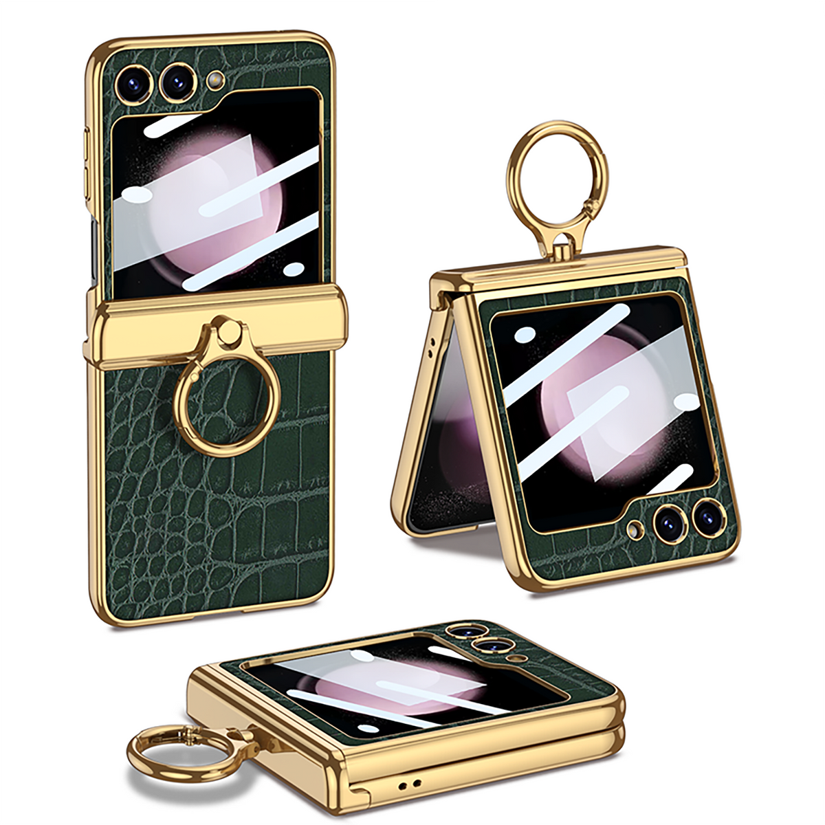 Funda con soporte de anillo de bisagra magnética de cuero galvanizado para Galaxy Z Flip 7/6/5/4 con película de protección frontal