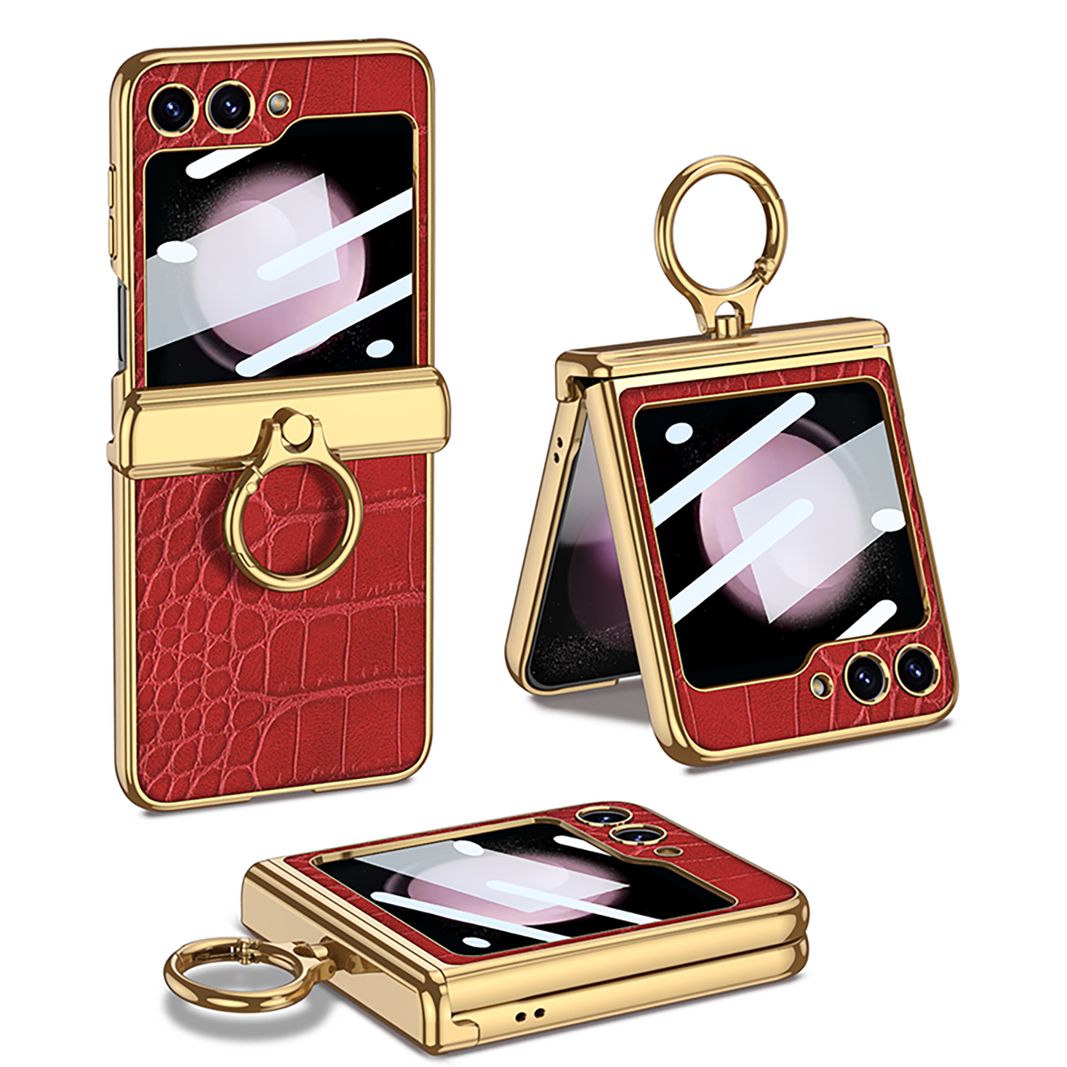 Funda con soporte de anillo de bisagra magnética de cuero galvanizado para Galaxy Z Flip 7/6/5/4 con película de protección frontal