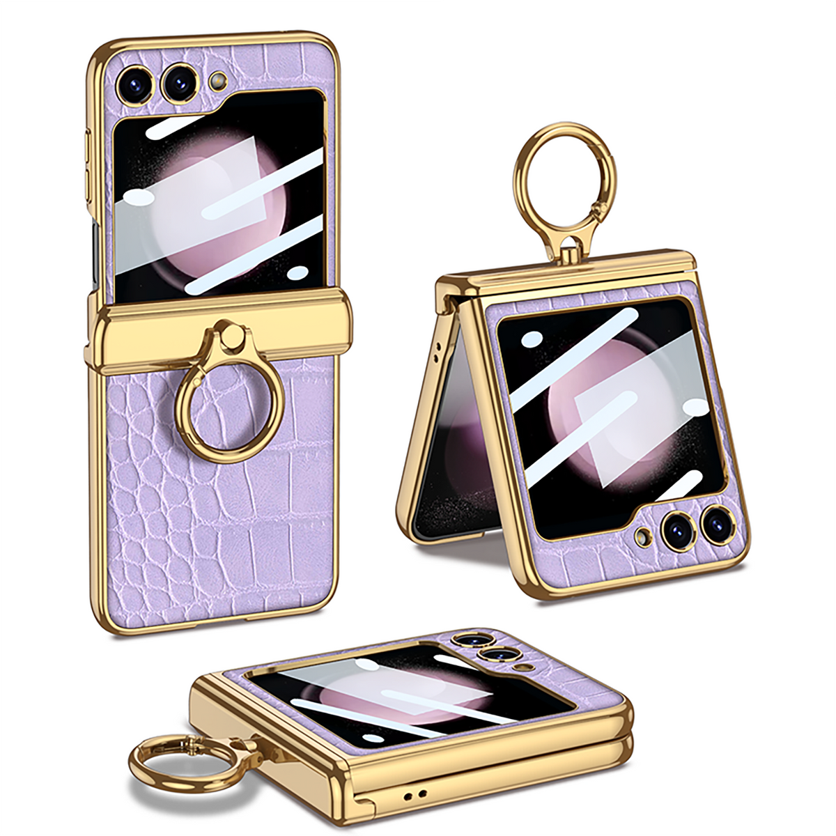 Funda con soporte de anillo de bisagra magnética de cuero galvanizado para Galaxy Z Flip 7/6/5/4 con película de protección frontal