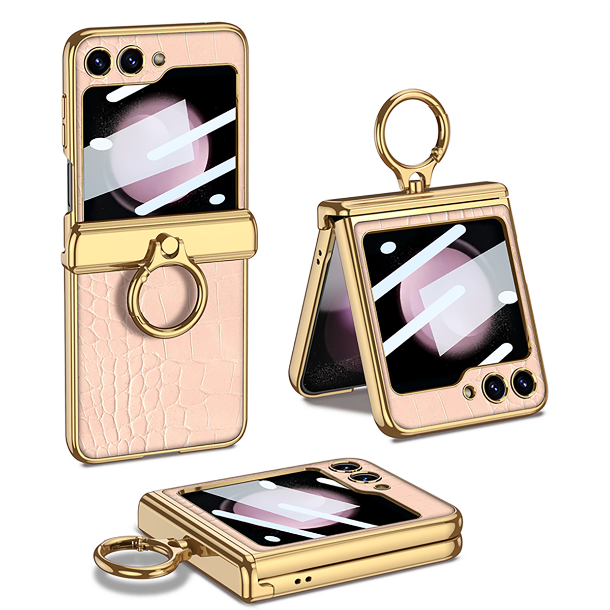 Funda con soporte de anillo de bisagra magnética de cuero galvanizado para Galaxy Z Flip 7/6/5/4 con película de protección frontal