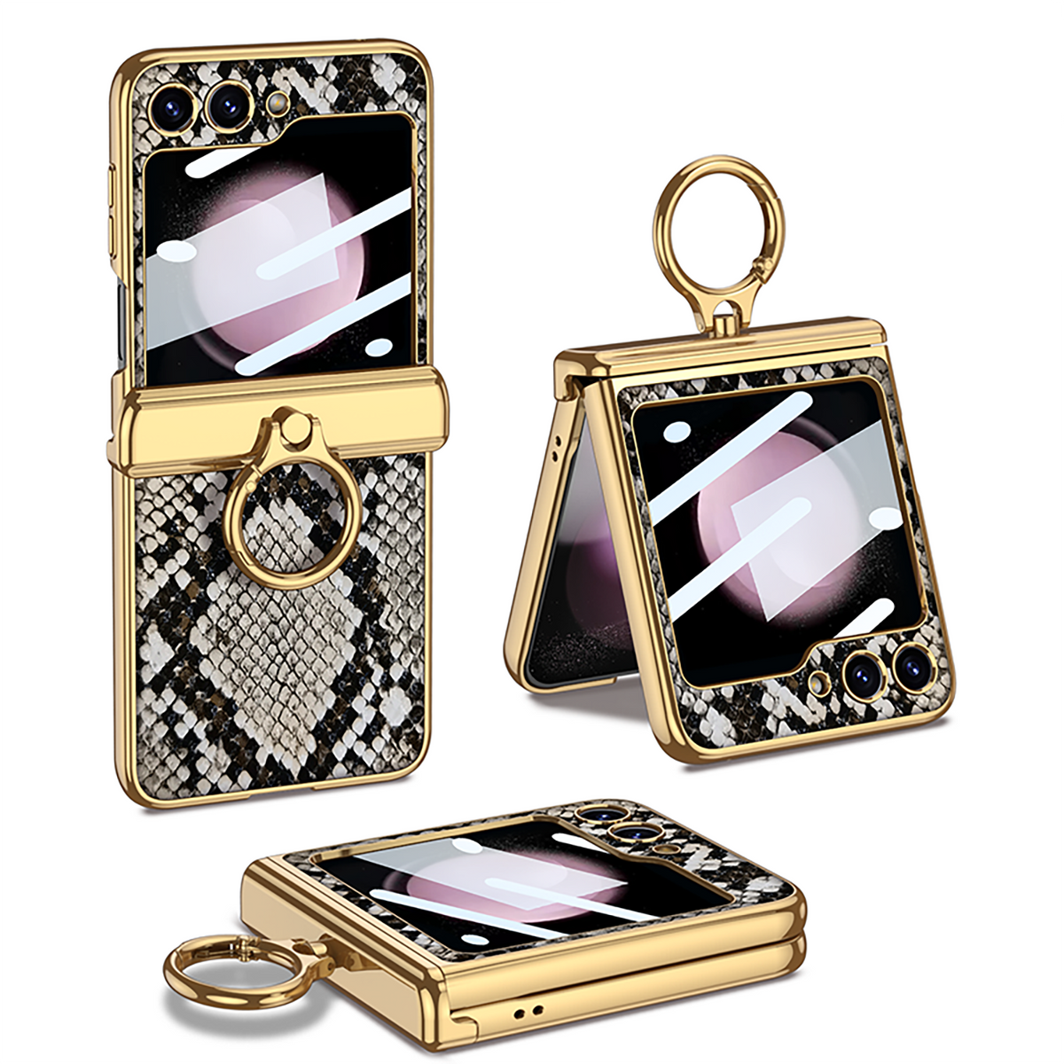 Funda con soporte de anillo de bisagra magnética de cuero galvanizado para Galaxy Z Flip 7/6/5/4 con película de protección frontal