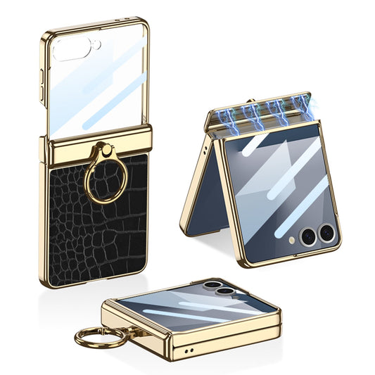 Galvanizált bőr mágneses csuklógyűrűs tartótok Galaxy Z Flip 7/6/5/4 készülékhez, elülső védőfóliával