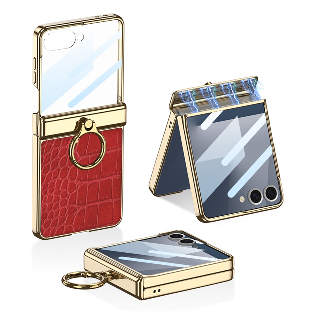Funda con soporte de anillo de bisagra magnética de cuero galvanizado para Galaxy Z Flip 7/6/5/4 con película de protección frontal