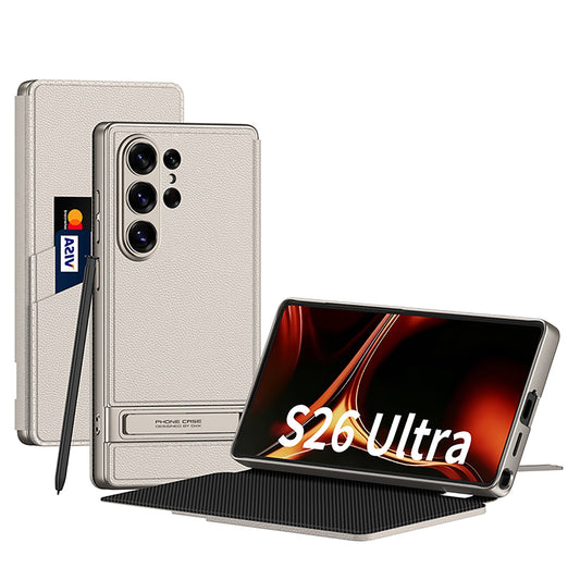 Leather Electroplated Protective Cover With Invisible Holder For Galaxy S24 S23 Ultra