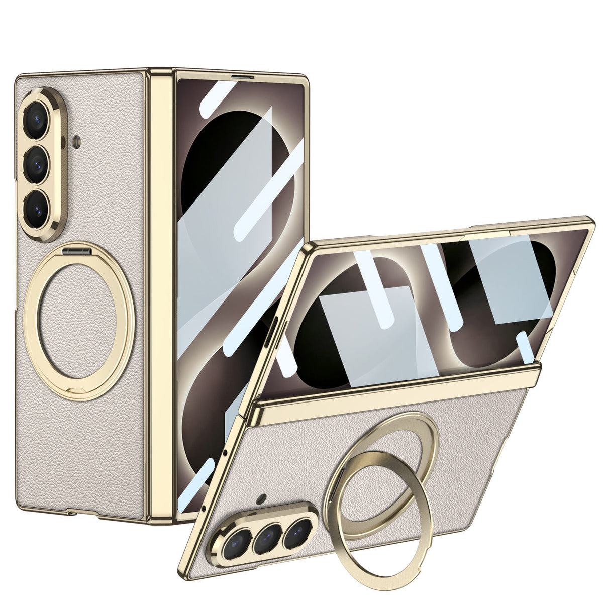 Lujosa funda de cuero chapada en oro para teléfono con vidrio templado incorporado y soporte magnético para Galaxy Z Fold 8/7 Wide Ultra