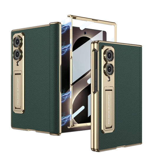 Bőr tok Galaxy Z Fold8/7/6 Wide Ultra készülékhez – Aranyfényű váz, beépített edzett üvegfólia és rejtett kitámasztó