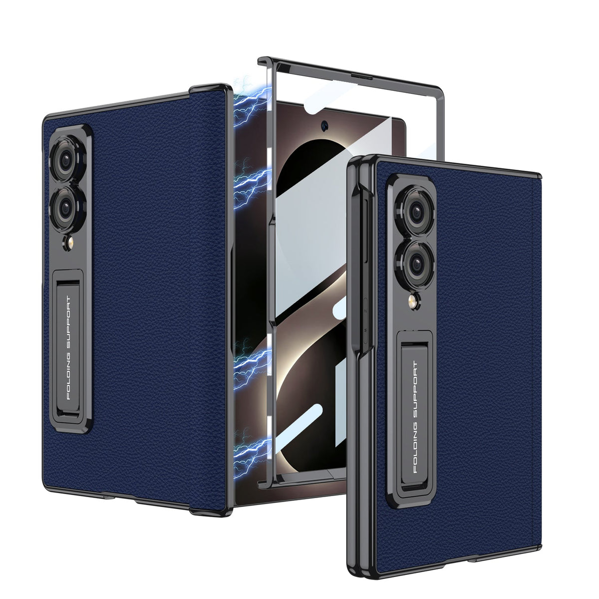 Bőr tok Galaxy Z Fold8/7/6 Wide Ultra készülékhez – Aranyfényű váz, beépített edzett üvegfólia és rejtett kitámasztó