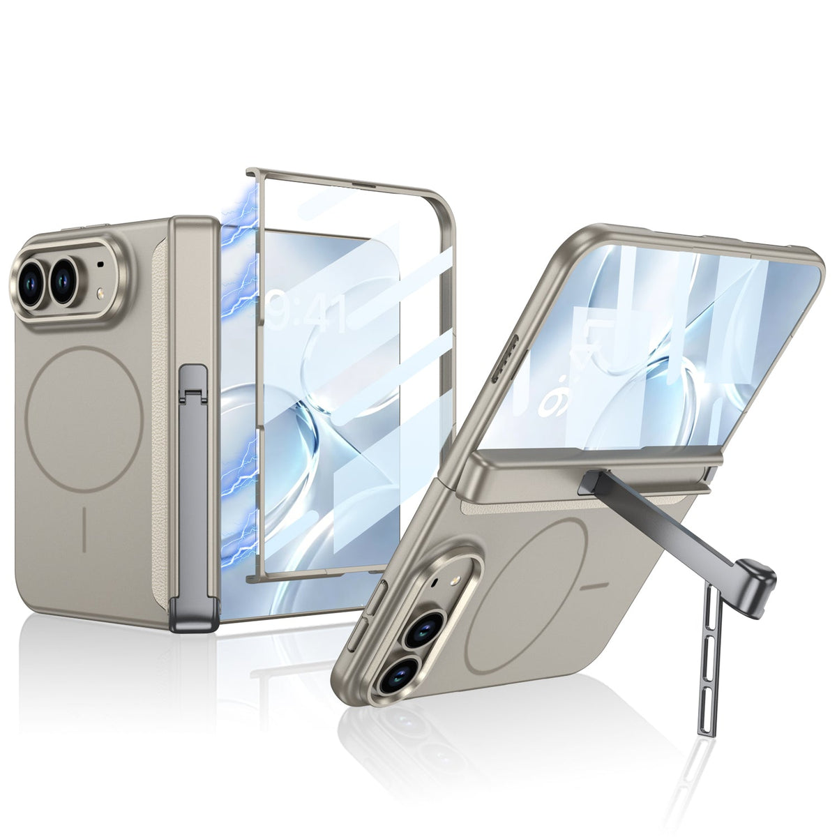 iPhone Ultra - 磁気ヒンジ保護ビジネス カバー内蔵強化ガラス フィルム & 三つ折りキックスタンド & 磁気リング