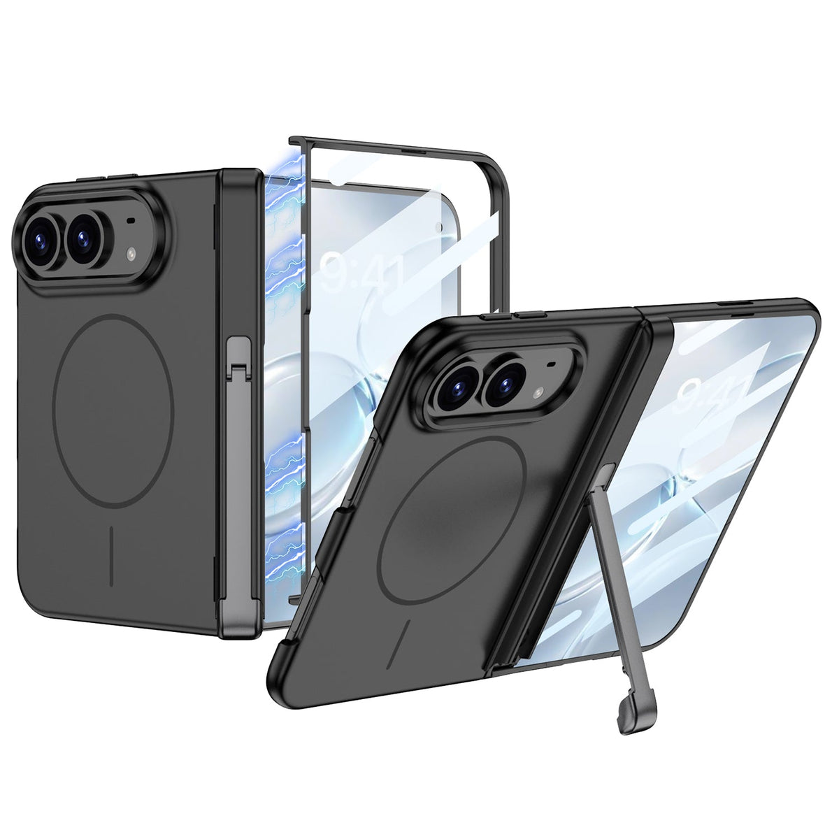 iPhone Ultra - Cubierta moderna con protección de bisagra magnética Película de vidrio templado incorporada, soporte triple y anillo magnético
