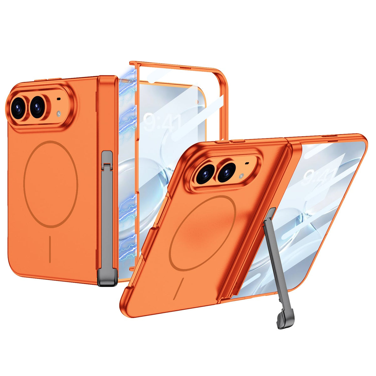 iPhone Ultra - Cubierta moderna con protección de bisagra magnética Película de vidrio templado incorporada, soporte triple y anillo magnético