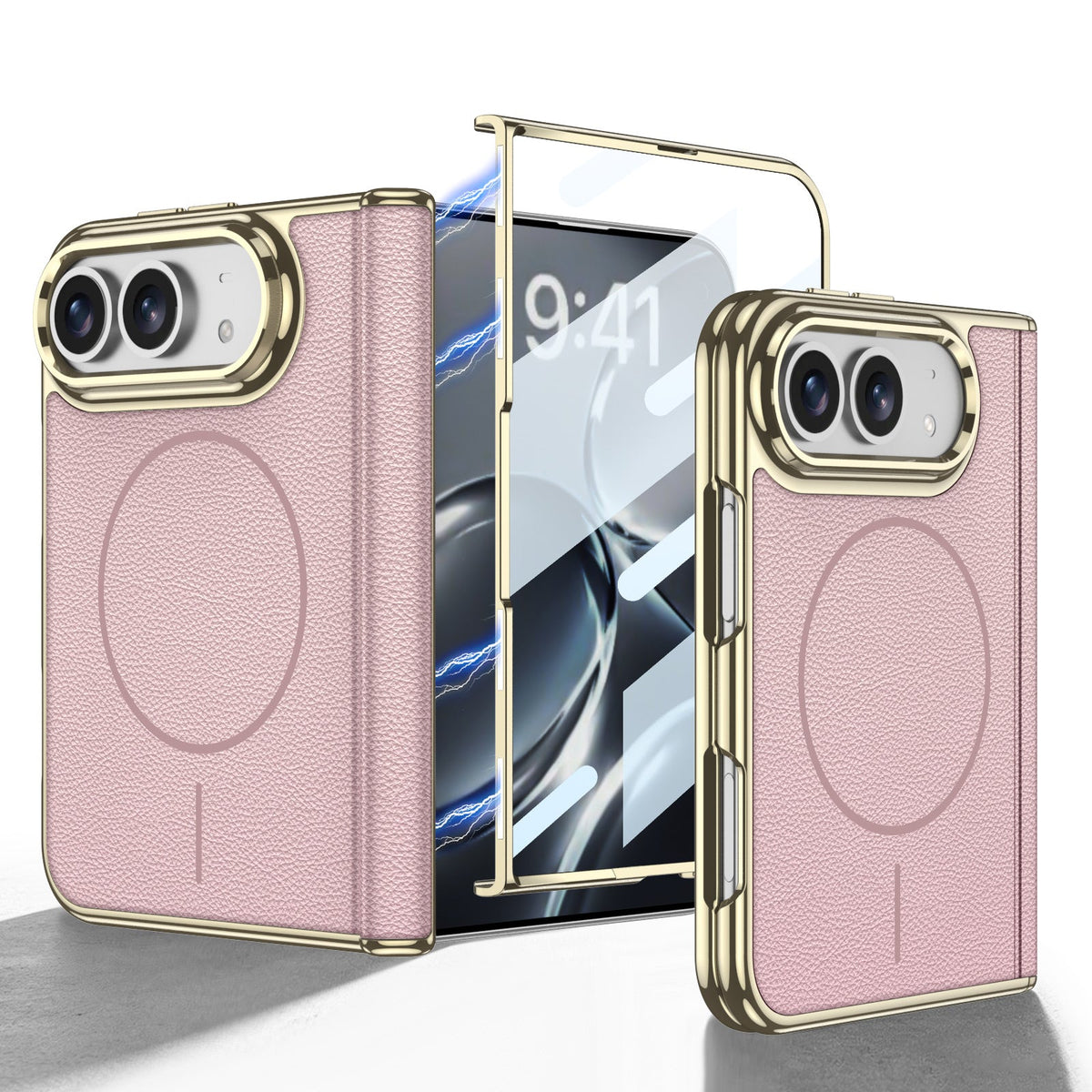 iPhone Ultra - Leren cover met gouden coating, ingebouwd scherm van gehard glas en magnetische spoel