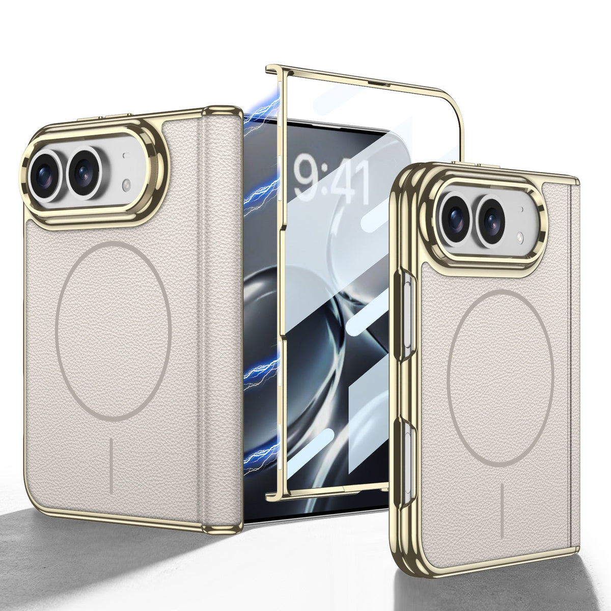 iPhone Ultra - Leren cover met gouden coating, ingebouwd scherm van gehard glas en magnetische spoel