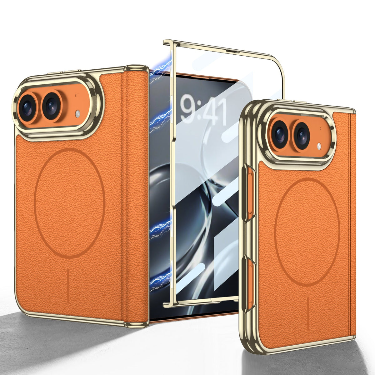 iPhone Ultra - Leren cover met gouden coating, ingebouwd scherm van gehard glas en magnetische spoel