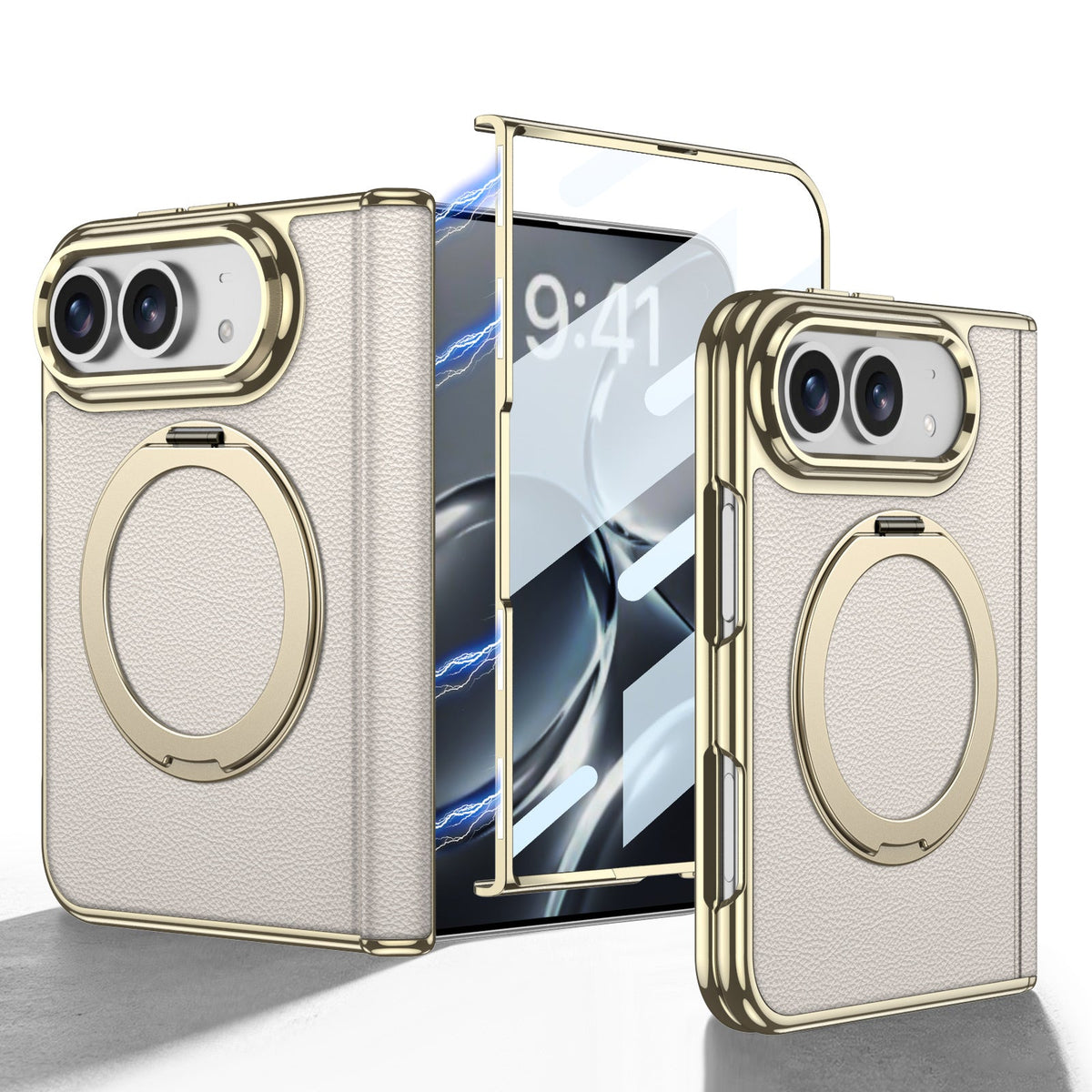 iPhone Ultra - Leren cover met gouden coating, ingebouwd scherm van gehard glas en magnetische beugel