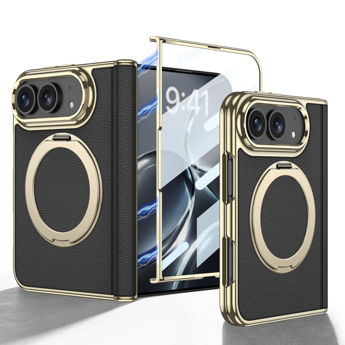 iPhone Ultra - Leren cover met gouden coating, ingebouwd scherm van gehard glas en magnetische beugel