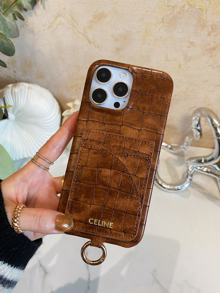 Puzdro na iPhone Alligator Print Celine s držiakom karty a remienkom hnedé -EYP241415